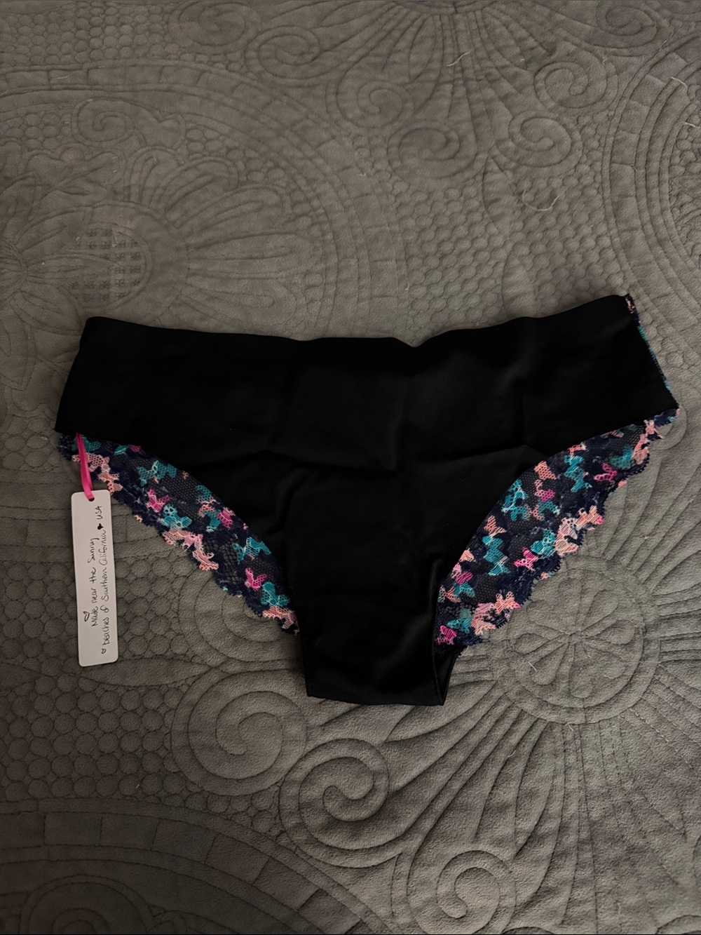 NWT Private Arts Black Hipster Bottoms with Pink & Teal Floral Lace Trim
